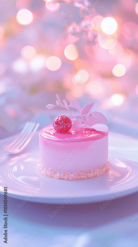 Delicate pink dessert with cherry topping in dreamy lighting. Delicate pink dessert with cherry topping in dreamy lighting.