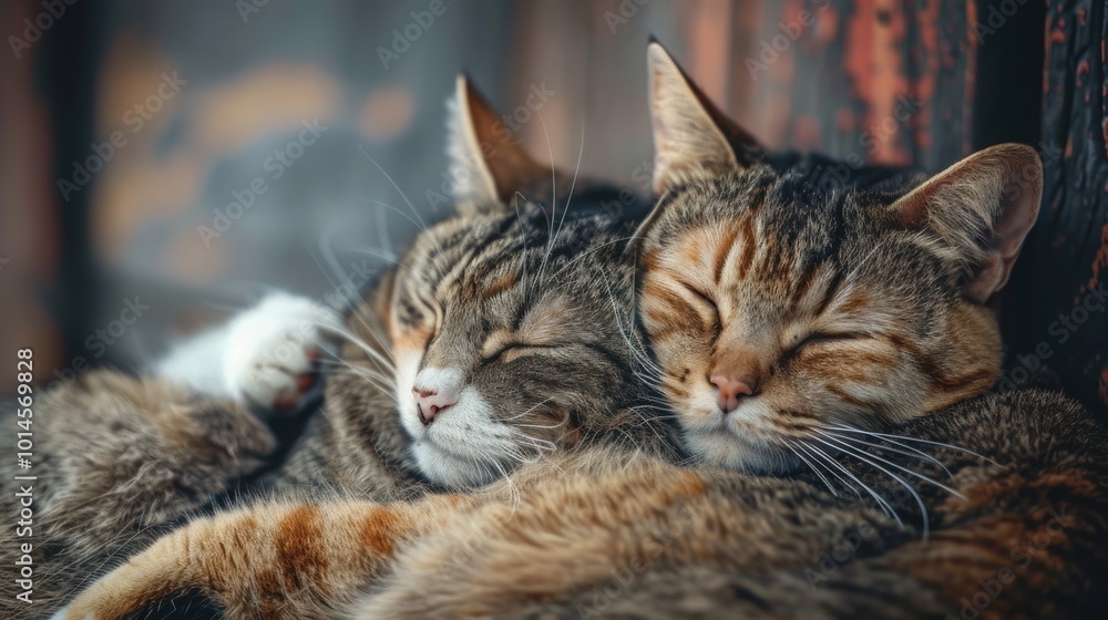 Two cute cats snuggling together while sleeping Two cute cats snuggling together while sleeping