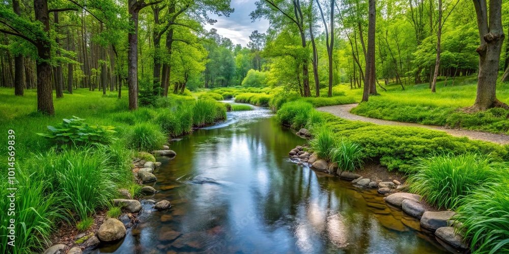 Serene Stream Winding Through a Lush Green Canopy of Trees, With a Path Meandering Alongside Serene Stream Winding Through a Lush Green Canopy of Trees, With a Path Meandering Alongside