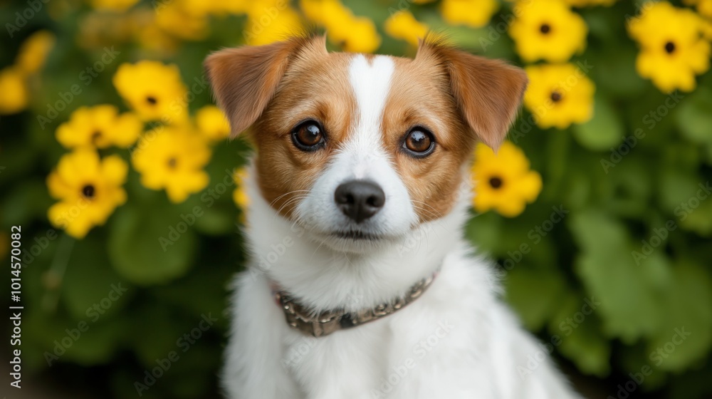 A close-up of a Jack Russell Terrier with expressive brown eyes, sitting in front of vibrant yellow flowers, creating a bright and joyful scene that highlights the dog's cute and curious appearance A close-up of a Jack Russell Terrier with expressive brown eyes, sitting in front of vibrant yellow flowers, creating a bright and joyful scene that highlights the dog's cute and curious appearance