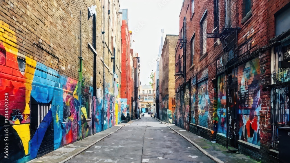 Fototapeta premium A vibrant urban alleyway adorned with colorful street art murals.