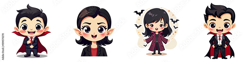 A set of isolated cartoon illustrations featuring friendly vampires. The vampires are wearing costumes, some have fangs, and one has bat wings. A set of isolated cartoon illustrations featuring friendly vampires. The vampires are wearing costumes, some have fangs, and one has bat wings.