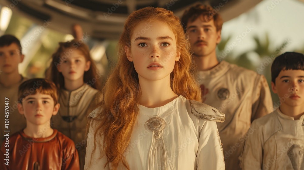 A group of people are standing in front of a camera, with a woman in the center of the group. The woman has red hair and is wearing a white dress. The other people in the group are wearing white A group of people are standing in front of a camera, with a woman in the center of the group. The woman has red hair and is wearing a white dress. The other people in the group are wearing white