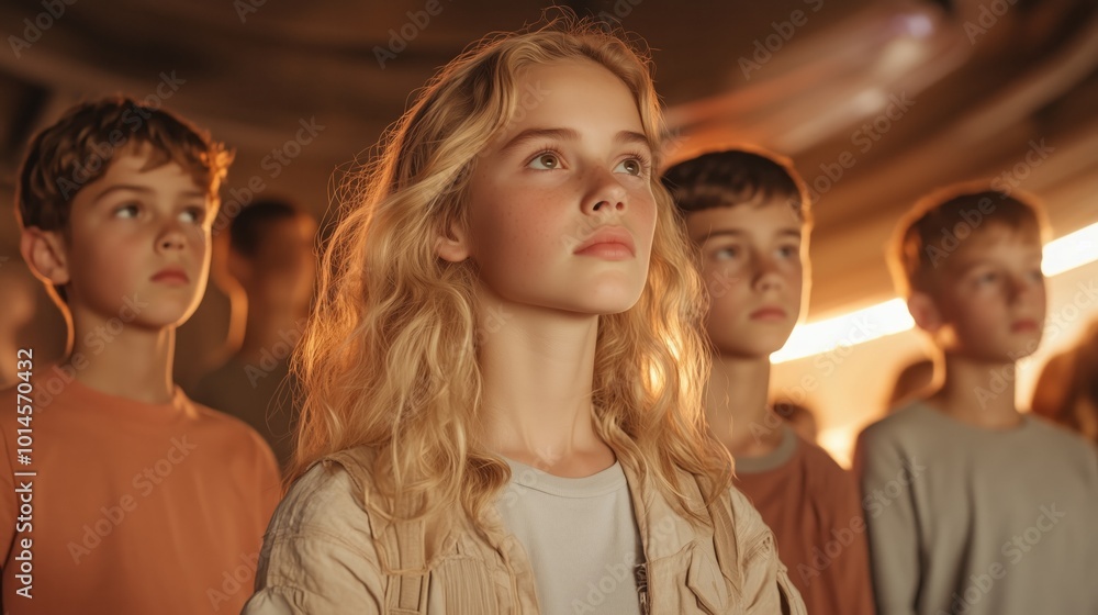 A group of young people are standing in a circle, looking up at something. The girl in the center is the tallest and has blonde hair. Scene is one of curiosity and wonder A group of young people are standing in a circle, looking up at something. The girl in the center is the tallest and has blonde hair. Scene is one of curiosity and wonder