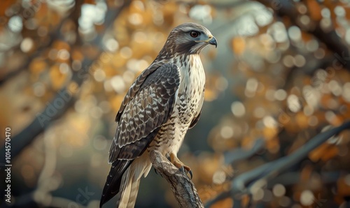 Majestic hawk perched on a tree branch, 4K hyperrealistic photo.