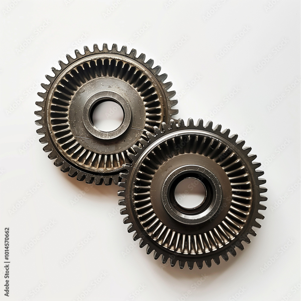 Two metal gears on a white background. Two metal gears on a white background.