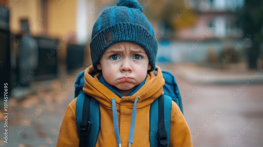 Portrait of an upset sad little kid with backpack Portrait of an upset sad little kid with backpack