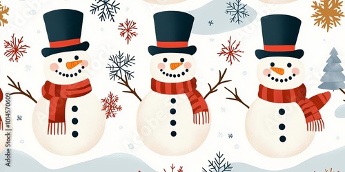 Festive snowmen with top hats and scarves in a whimsical winter scene, seamless pattern