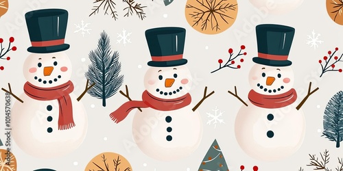 Festive snowmen with top hats and scarves in a whimsical winter scene, seamless pattern