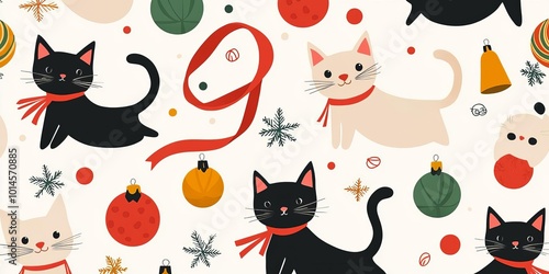 Quirky Christmas cats playing with ornaments and ribbons, seamless pattern