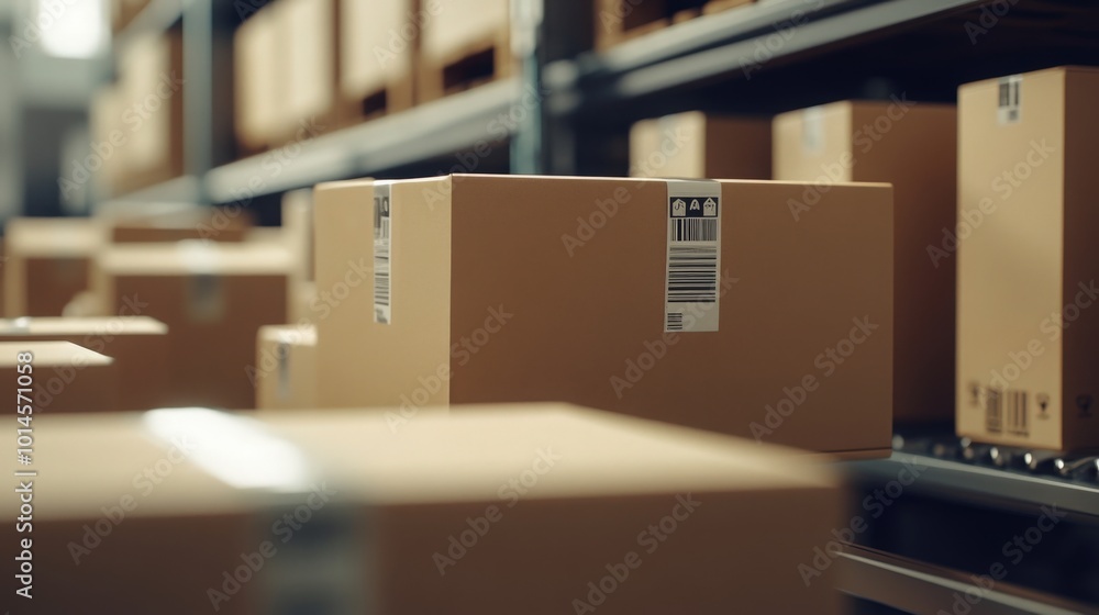 A close-up of packages in cardboard boxes stacked on a trolley, representing the efficient logistics and distribution process essential for supply chain management A close-up of packages in cardboard boxes stacked on a trolley, representing the efficient logistics and distribution process essential for supply chain management