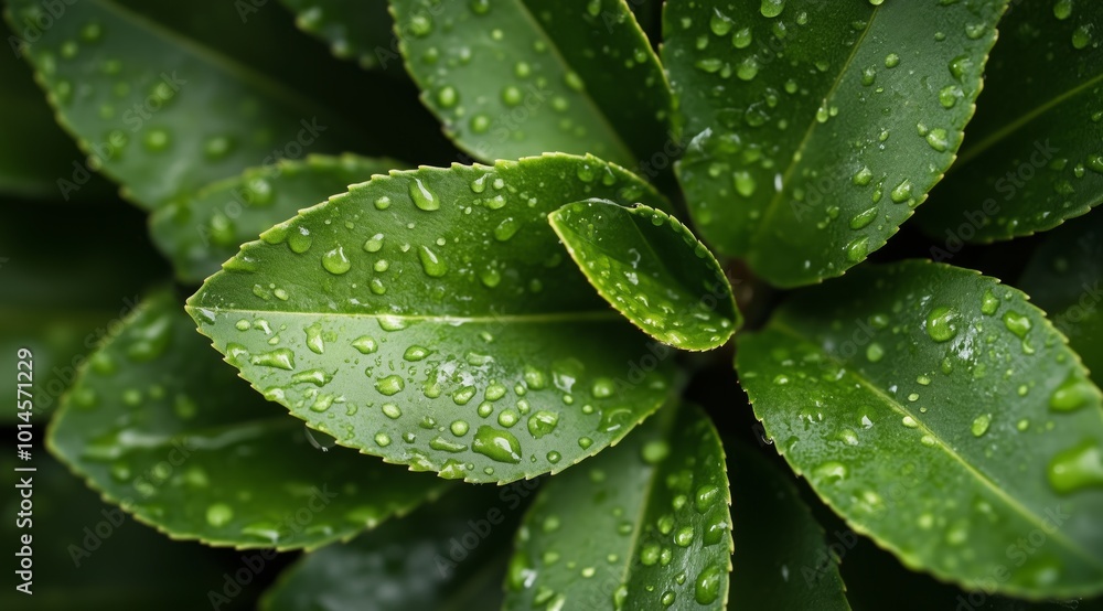 A leaf with water droplets on it. The droplets are small and scattered, giving the leaf a fresh and lively appearance A leaf with water droplets on it. The droplets are small and scattered, giving the leaf a fresh and lively appearance