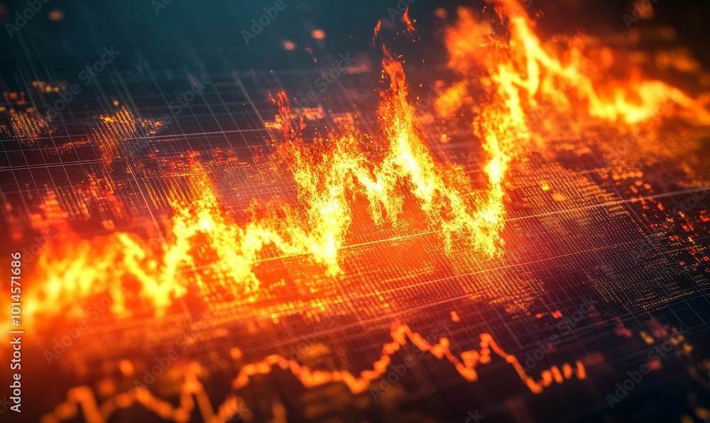 A burning stock market chart. A burning stock market chart.