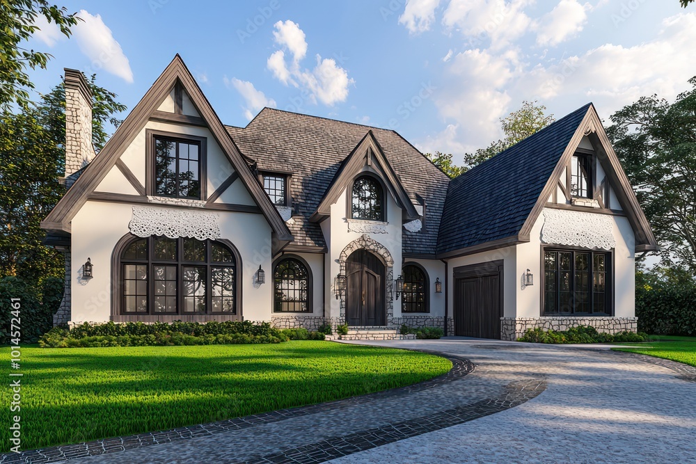 Architectural visualization of a home with ivory lace accents, traditional style, dark cobblestone and oak details, large windows, chalk roof trim, a stamped concrete driveway, and vibrant green grass Architectural visualization of a home with ivory lace accents, traditional style, dark cobblestone and oak details, large windows, chalk roof trim, a stamped concrete driveway, and vibrant green grass