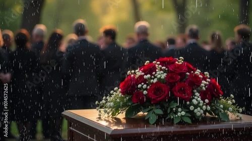 Funeral Ceremony on a Rainy Day with Flowers on a Coffin