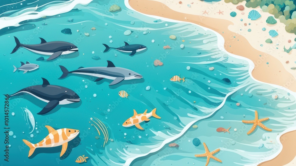 A vibrant underwater scene featuring various fish and marine life near a sandy shore. A vibrant underwater scene featuring various fish and marine life near a sandy shore.