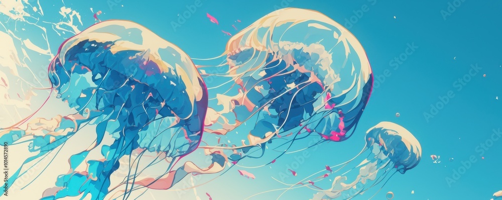 Cartoon jellyfish and fish enjoying the ocean, bold outlines, minimal details, no shading, 4K hyperrealistic photo Cartoon jellyfish and fish enjoying the ocean, bold outlines, minimal details, no shading, 4K hyperrealistic photo