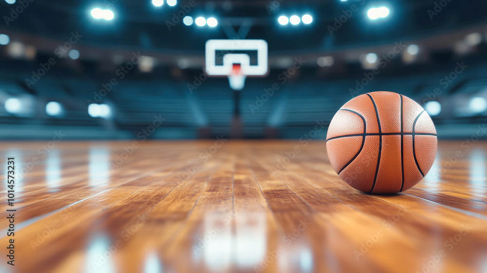A single basketball lies on the smooth wood floor of an expansive arena, surrounded by empty stands, evoking anticipation for the game ahead A single basketball lies on the smooth wood floor of an expansive arena, surrounded by empty stands, evoking anticipation for the game ahead