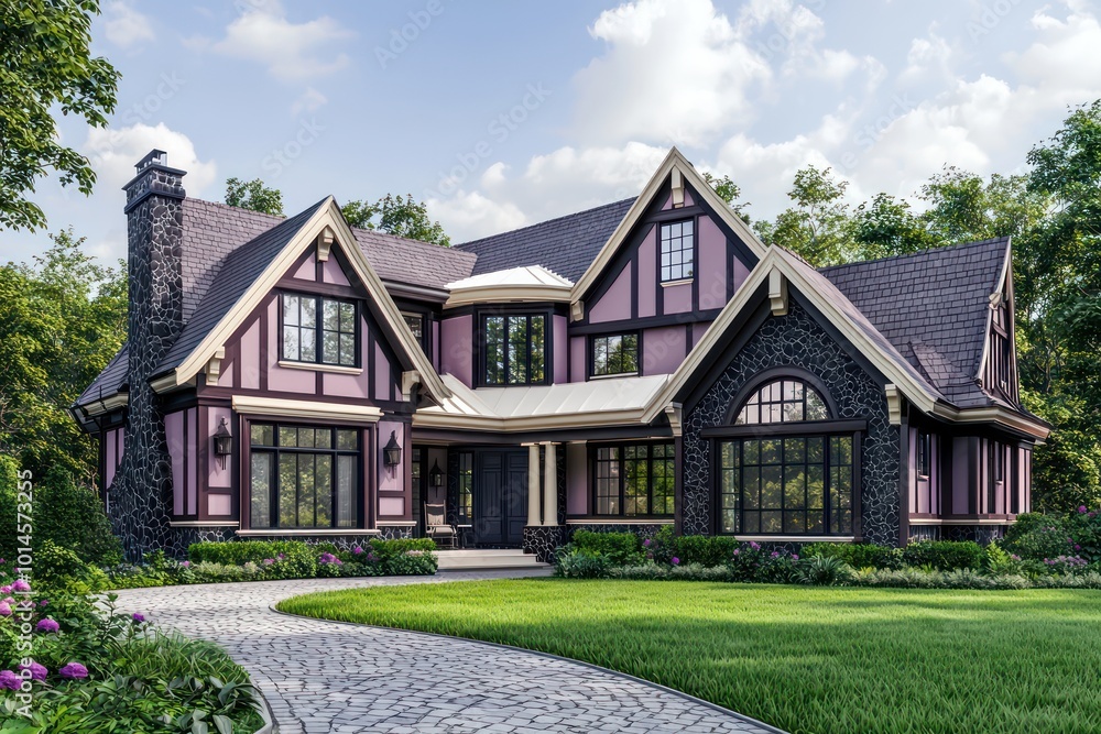 Architectural visualization of a home with dusty rose accents, traditional style, dark schist and maple details, large windows, cream roof trim, a cobblestone driveway, and lush green grass Architectural visualization of a home with dusty rose accents, traditional style, dark schist and maple details, large windows, cream roof trim, a cobblestone driveway, and lush green grass