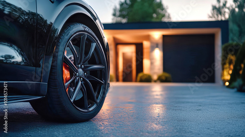 Close-up of sleek black SUV wheels on an asphalt driveway near a modern villa with cinematic lighting and a luxurious atmosphere at dusk