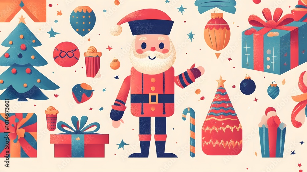 A Christmas-themed vector illustration with various holiday elements such as presents, nutcracker doll figurines, and Santa Claus characters. A Christmas-themed vector illustration with various holiday elements such as presents, nutcracker doll figurines, and Santa Claus characters.