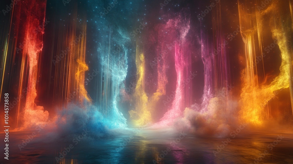 Abstract Digital Art with Glowing Pillars and Smoke Abstract Digital Art with Glowing Pillars and Smoke