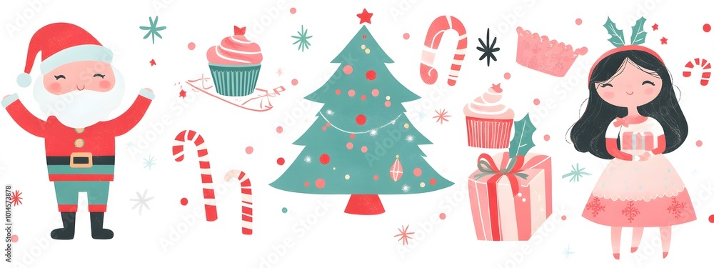 A Christmas-themed vector illustration with various holiday elements such as presents, nutcracker doll figurines, and Santa Claus characters. A Christmas-themed vector illustration with various holiday elements such as presents, nutcracker doll figurines, and Santa Claus characters.