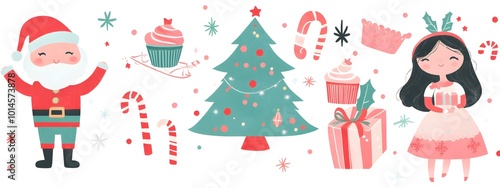 A Christmas-themed vector illustration with various holiday elements such as presents, nutcracker doll figurines, and Santa Claus characters.