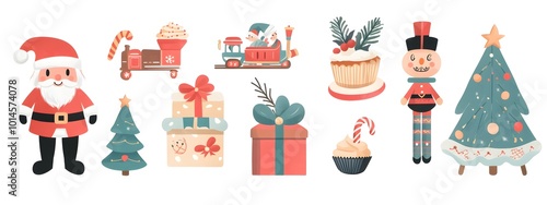 A Christmas-themed vector illustration with various holiday elements such as presents, nutcracker doll figurines, and Santa Claus characters.