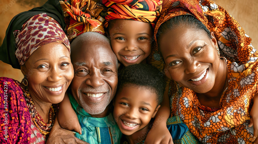 A close-knit family shares laughter and warmth, embracing one another in traditional African clothing, surrounded by rich fabrics and joyful expressions A close-knit family shares laughter and warmth, embracing one another in traditional African clothing, surrounded by rich fabrics and joyful expressions
