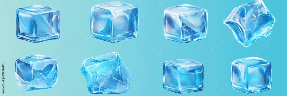 Ice cubes. Realistic transparent freeze water for alcohol and beverage for cooling, advertising elements, blue frozen clear crystal 3d pieces in different angles. Vector isolated set of frost blocks Ice cubes. Realistic transparent freeze water for alcohol and beverage for cooling, advertising elements, blue frozen clear crystal 3d pieces in different angles. Vector isolated set of frost blocks