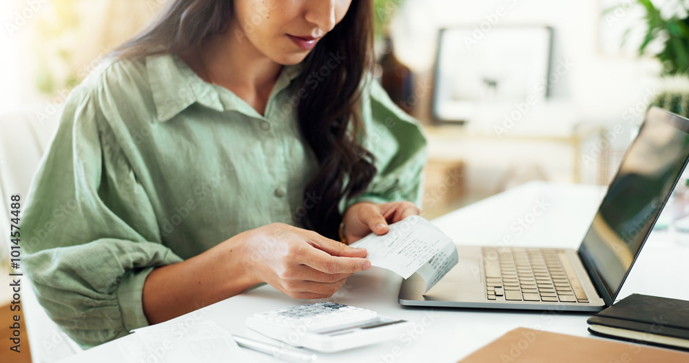 Calculator, bills and hands of woman in home office with laptop, finance and checking cost. Remote work, bookkeeping and freelancer at desk with tax invoice, paperwork and budget for online project Calculator, bills and hands of woman in home office with laptop, finance and checking cost. Remote work, bookkeeping and freelancer at desk with tax invoice, paperwork and budget for online project