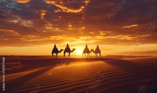 Desert caravan at sunrise with silhouetted camels, 4K hyperrealistic photo