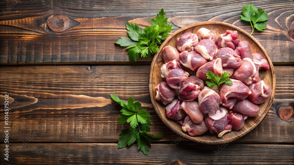 Raw chicken gizzards in a wooden bowl with fresh parsley on a rustic wooden background Raw chicken gizzards in a wooden bowl with fresh parsley on a rustic wooden background