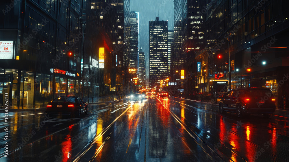 Empty highway through a bustling modern city at night, illuminated by street lights and reflections from wet roads, showcasing a vibrant metropolitan atmosphere Empty highway through a bustling modern city at night, illuminated by street lights and reflections from wet roads, showcasing a vibrant metropolitan atmosphere