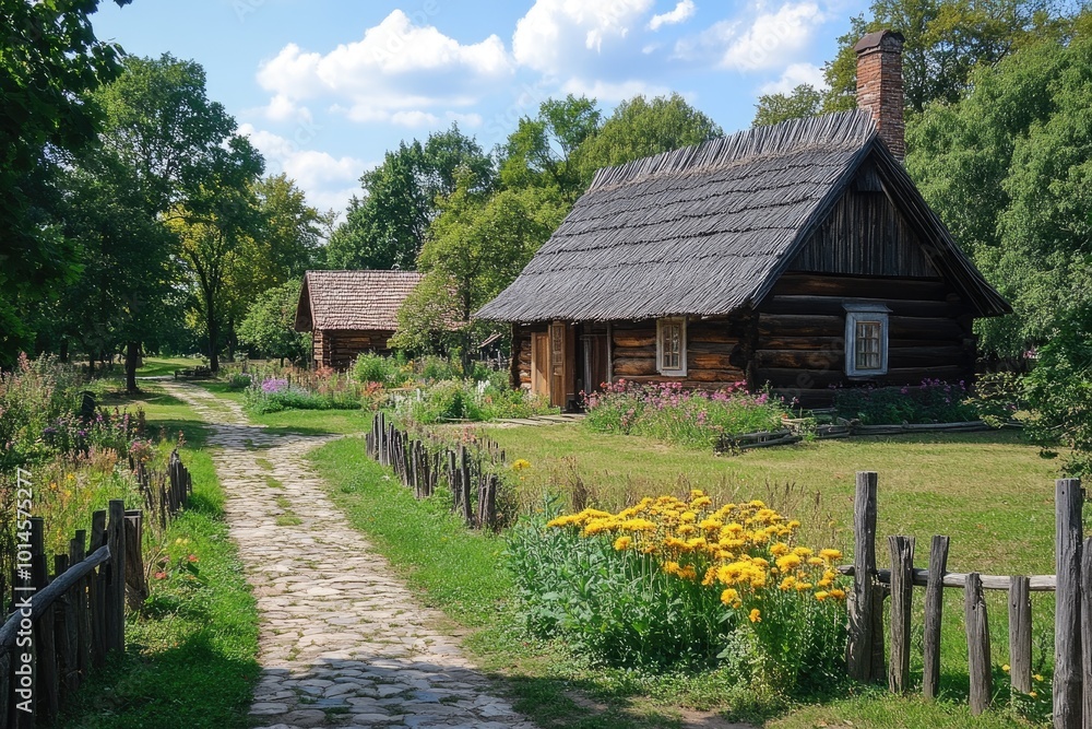 Cobblestone road leading through picturesque village of wooden houses Cobblestone road leading through picturesque village of wooden houses