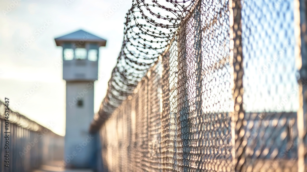Close-up view of a barbed wire prison fence with a guard tower in the background showcasing sharp details and soft lighting in a rustic environment Close-up view of a barbed wire prison fence with a guard tower in the background showcasing sharp details and soft lighting in a rustic environment