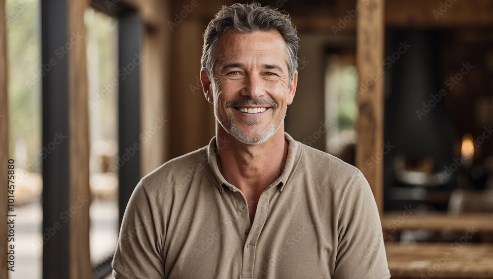 Middle-aged Man Smiling in a Rustic Modern Setting Middle-aged Man Smiling in a Rustic Modern Setting