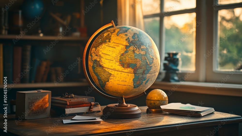 Educational Globe in Cozy Study Setting Educational Globe in Cozy Study Setting