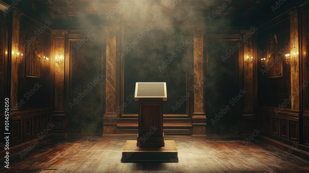 A Wooden Lectern in a Dimly Lit Room with Smoke and Golden Accents A Wooden Lectern in a Dimly Lit Room with Smoke and Golden Accents