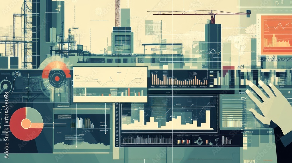 Obraz premium Abstract digital data visualization with hand interacting with a cityscape.