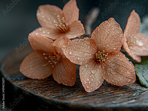 Delicate peach flowers with droplets resting on a wooden surface in moody lighting photo