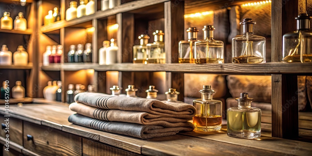 Warm, Rustic Shelves Displaying Glass Bottles Filled with Golden Liquids, Accented with Softly Folded Textiles Warm, Rustic Shelves Displaying Glass Bottles Filled with Golden Liquids, Accented with Softly Folded Textiles