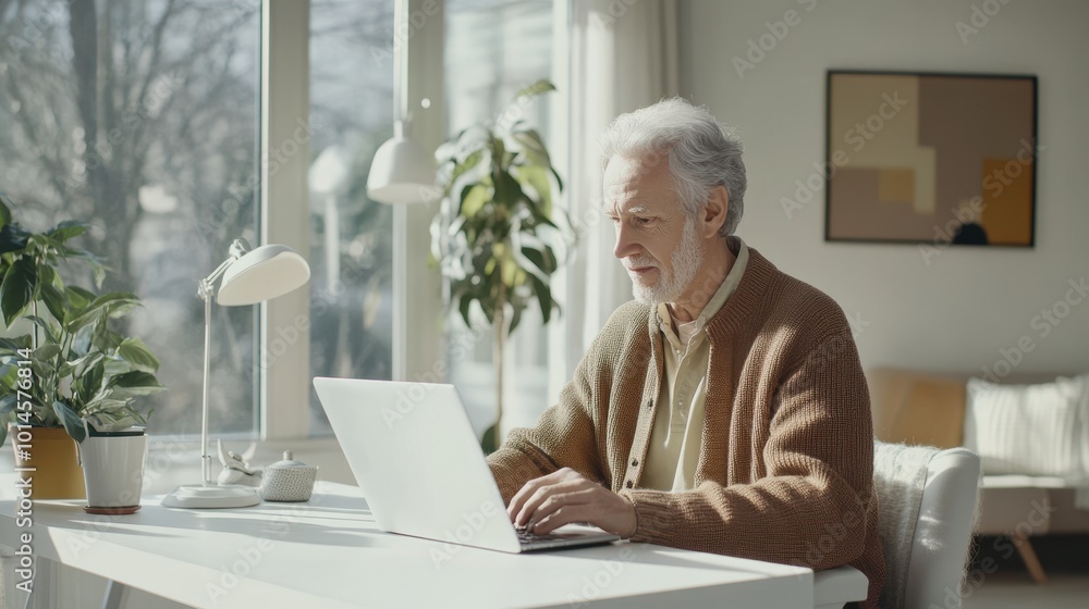 The Senior Man Using Laptop The Senior Man Using Laptop