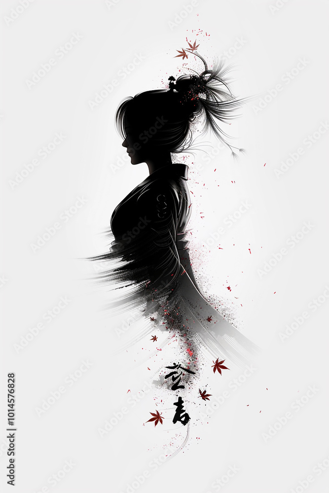 Fototapeta premium A graceful female silhouette in a Sumi-e ink painting, blending minimalism with Zen aesthetics. Delicate and expressive, perfect for interior design, art prints, branding, and meditation artwork