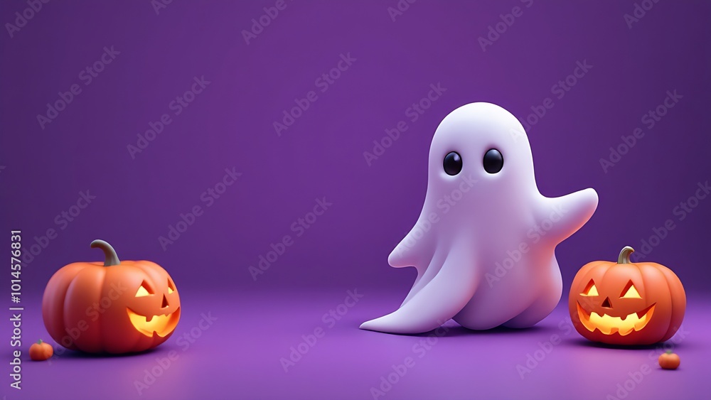 A cute ghost and two carved pumpkins with glowing faces on a purple background, perfect for Halloween themes A cute ghost and two carved pumpkins with glowing faces on a purple background, perfect for Halloween themes