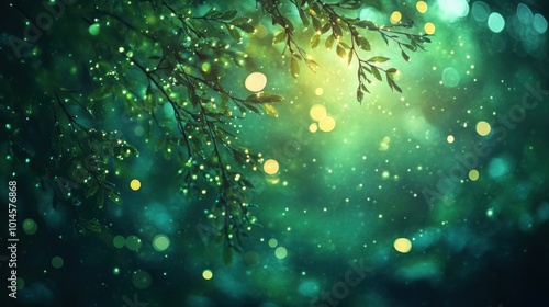 Green Tree Branch with Sparkling Bokeh Lights and Blurred Background