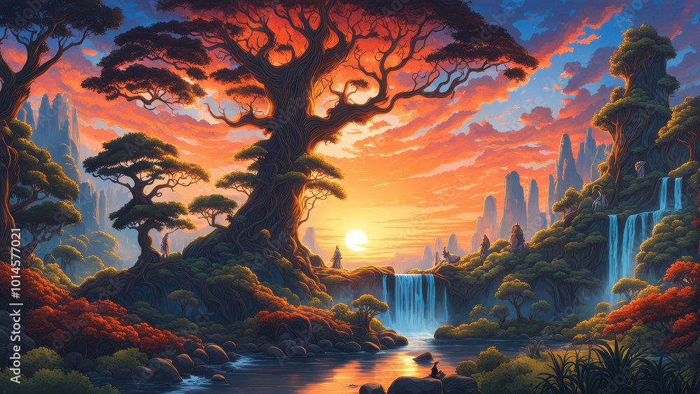 A vibrant sunset over a serene landscape with waterfalls and majestic trees. A vibrant sunset over a serene landscape with waterfalls and majestic trees.