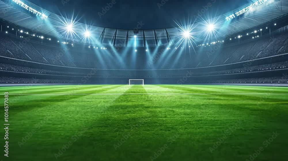 An empty soccer field awaits the players under bright stadium lights