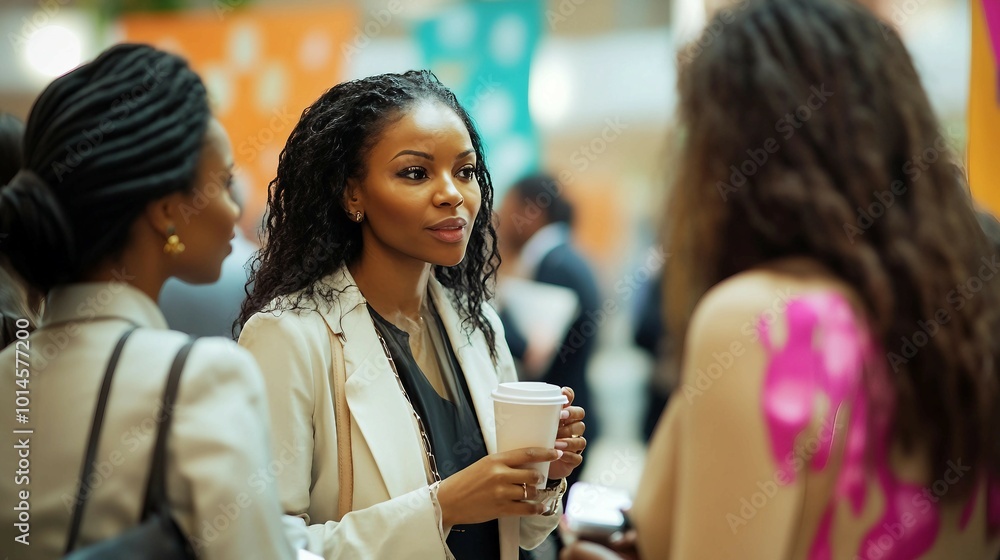 Three Businesswomen Networking at a Conference Three Businesswomen Networking at a Conference